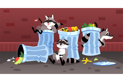 Street garbage. Raccoons eat food waste. Wild animal characters in urb