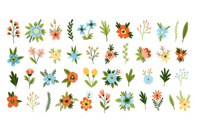 Cartoon flowers. Spring blooming plants, cute floral elements, differe