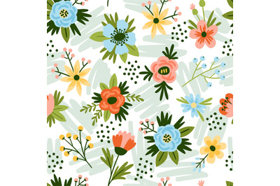 Seamless trendy flowers. Blooming plants background. Beautiful floral