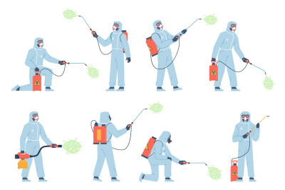 Disinfector characters. People in uniform spraying poison gas. Insect