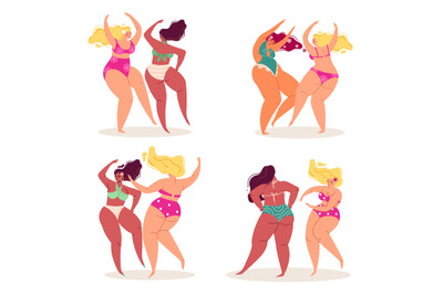 Body-positive women in swimsuits. Big girls dancing together. Sexy ove