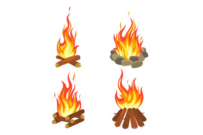 Cartoon flame. Tourist summer bonfire. Forest fireplace with burning l