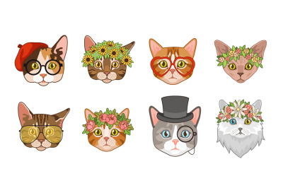 Cat heads. Cute funny cats avatar muzzles with accessories. Portraits