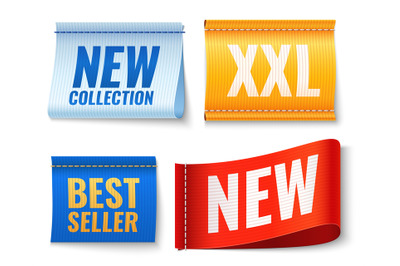 Clothes tags. Promo fabric badges. Color cotton labels with lettering.
