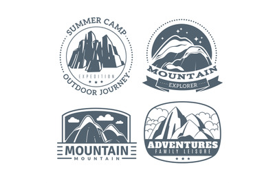 Emblems mountain. Labels with snow mountains peak landscape silhouette