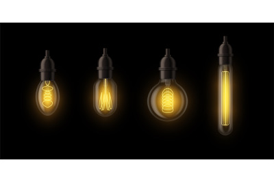 Light bulbs realistic. Hanging edison glowing lamps different forms. R