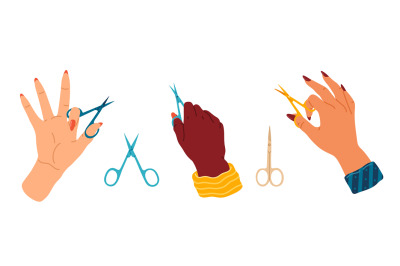 Manicure hands. Cartoon accessories, multiethnic women hold scissors,