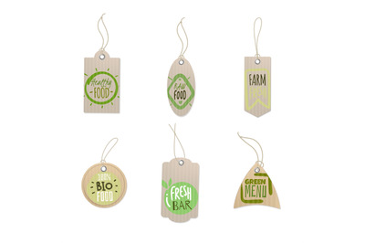 Paper tags. Food store labels with logo of healthy farm products. Real