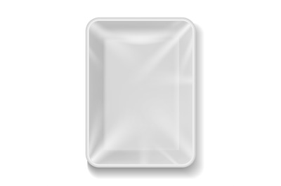 Tray plastic. Food package with transparent wrap. Realistic white empt