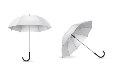 Umbrella. Realistic white open parasols. Rain protect accessory&2C; side