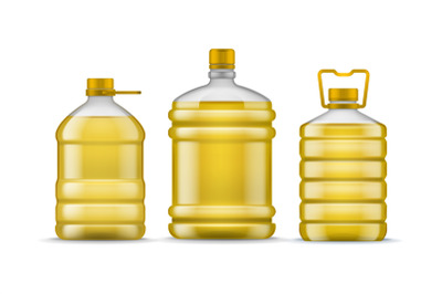 Vegetable bottle oil. Different packaging plastic full bottles. Realis