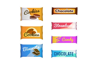 Vending products. Snack package. Fast food packs. Chocolate and biscui