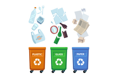 Waste bins. Different trash types color containers for sorting wastes.