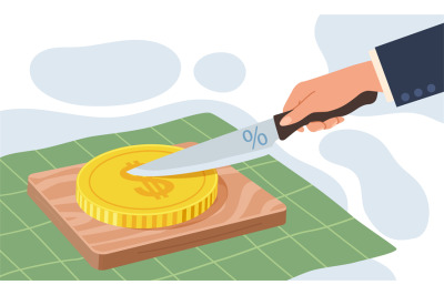 Deduction tax or debt. Hand cutting off piece with knife. Payment of l