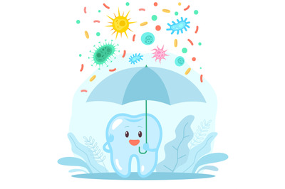 Dental protection. Cartoon tooth mascot holds umbrella and protects fr