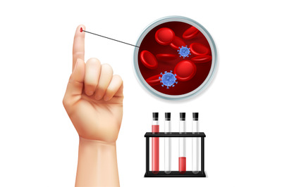 Diagnostics. Virus search. Person takes blood test from finger. Medica