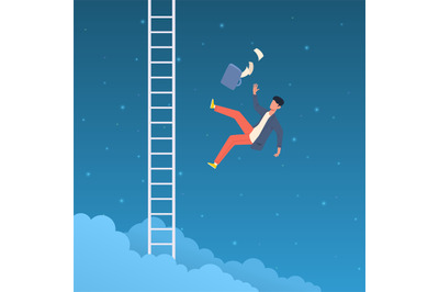 Failure and defeat. Man falling from sky. Goal too high. Businessman f