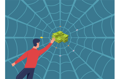 Financial business traps. Heap of banknotes in cobwebs. Man catched in