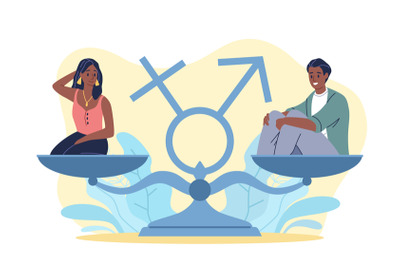 Gender equality. Man and woman sitting on scales bowls. Male and femal