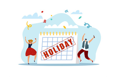 Holiday or vacation. People celebrate end of week. Paper calendar and