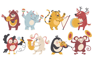 Animals play music. Happy wildlife characters with different musical i