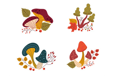 Mushrooms compositions. Cartoon funguses with twigs, berries and leave