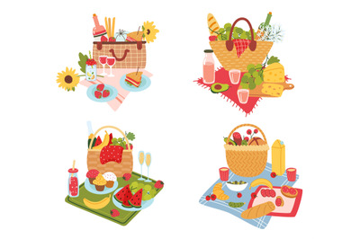 Picnic baskets compositions. Outdoor dining serving. Romantic wicker c