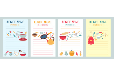 Culinary recipe cards. Cookbook pages with kitchen elements and layout