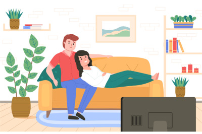 Couple on sofa. Guy with girl watching movie together in room interior