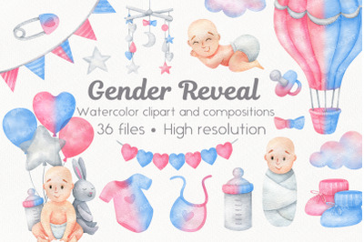 gender reveal clipart. watercolor set