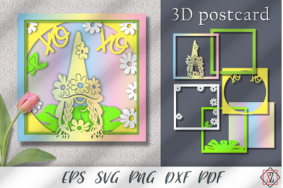 3D card with a gnome in flowers. Paper cut SVG
