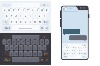 Smartphone keyboard. Numbers and letters for smartphone ui dark and wh