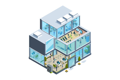 Business building isometric. Glass facade offices inside modern archit