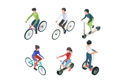 Bike people isometric. Persons riding bicycles fitness outdoor activit