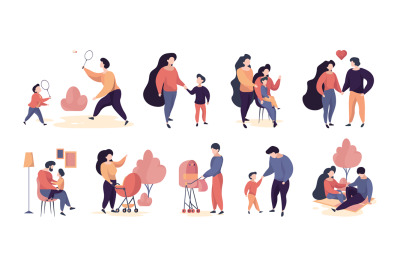 Family characters. Adults people mother and father walking with kids c