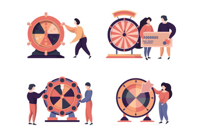 Fortune wheels characters. Happy people playing in gambling games bing