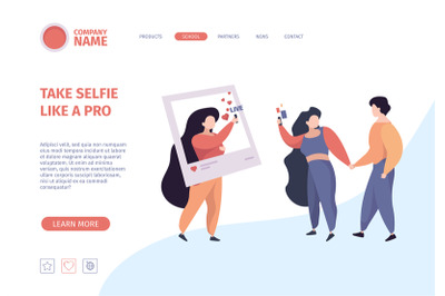 Selfie landing page. People make photo on smartphone characters holdin