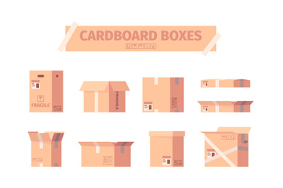 Cardboard boxes. Delivery packages shipping container symbols garish v