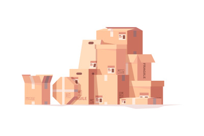 Packages stack. Delivery cardboard boxes cargo containers hills piles