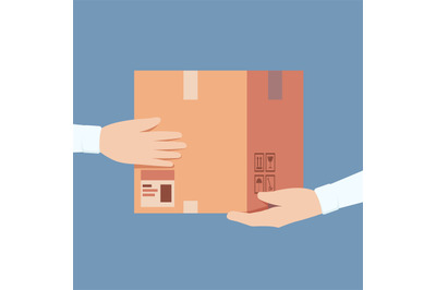 Box in hands. Shipping packages delivery containers in hand postal sym