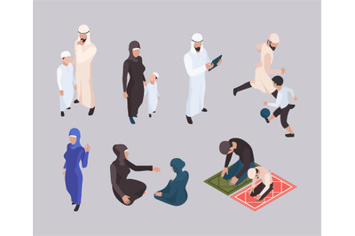 Arab family. Isometric east people in hijab traditional muslim clothes