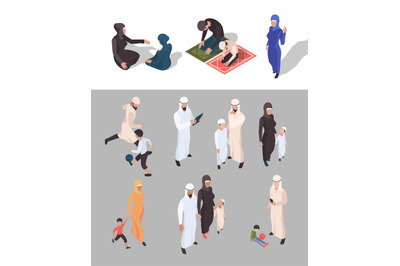 Muslim people. Isometric arab persons traditional big family islam gar