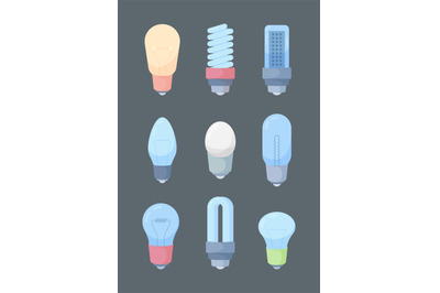 Light bulbs collection. Electric light simple flat style colored lamps