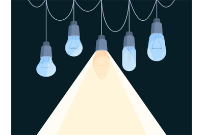 Background with bulbs. Glowing hanging light bulbs garish vector conce