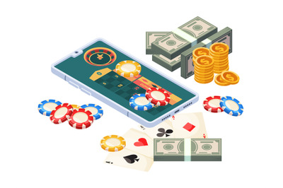 Online casino. Isometric concept mobile digital gambling money for win