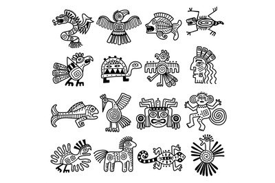 Ancient tribal logo. Mexican aztec icons animals decoration mayan patt