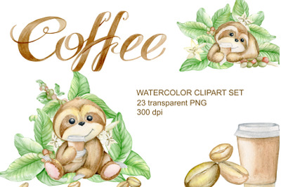 cute sloth clipart, watercolor clip art, coffee png, animal, cup, subl