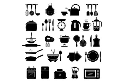 Kitchen icon. Food cooking utensils whisk stove knife silhouettes rece