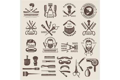 Barber shop badges. Scissors combs brush blade hair dryer recent vecto