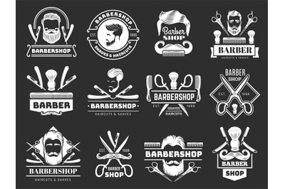 Gentleman logo. Barber shop items scissors blade comb brush hair dryer